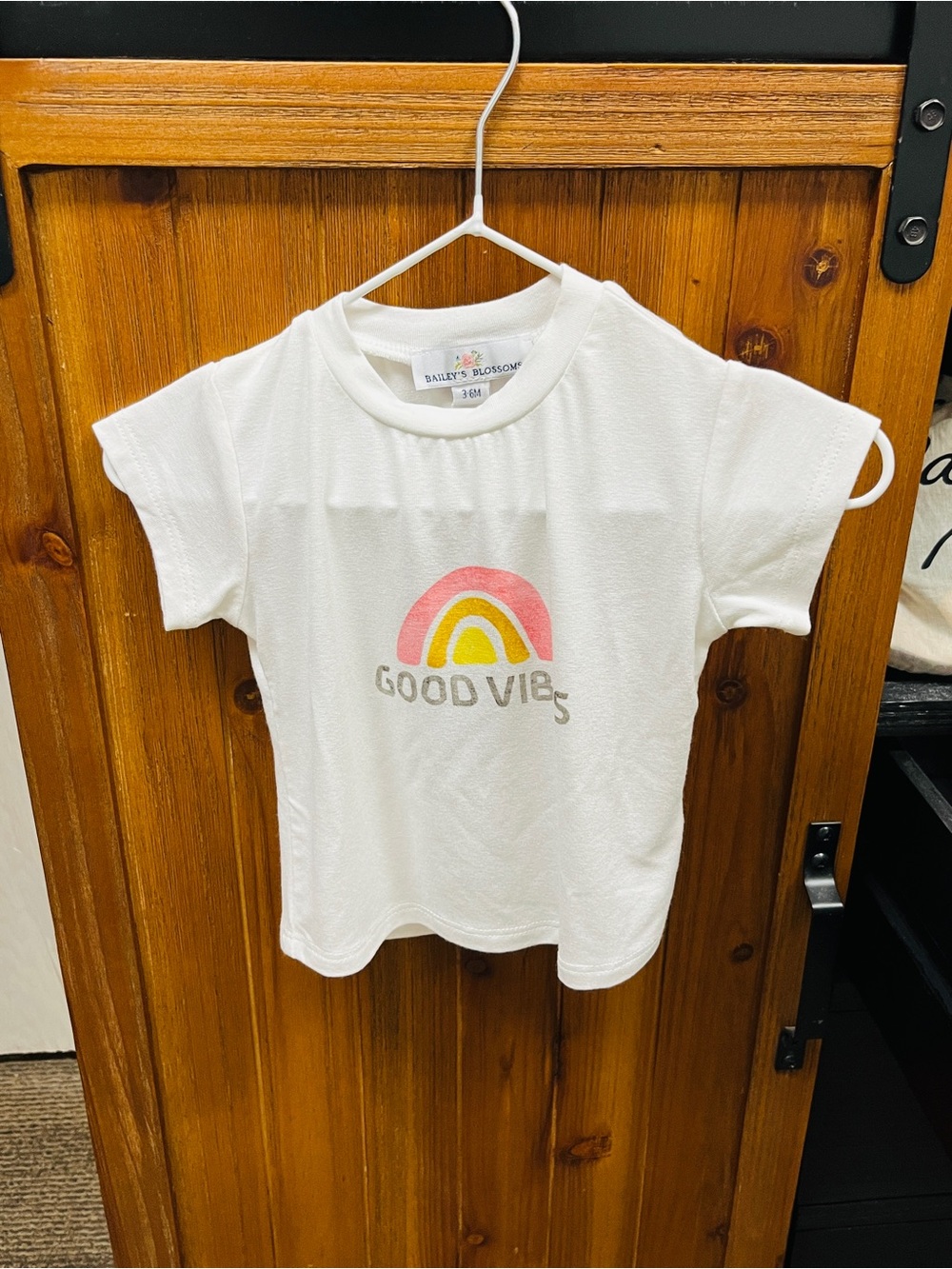 Kids White 'Good Vibes' Graphic Tee with Pink & Yellow Rainbow